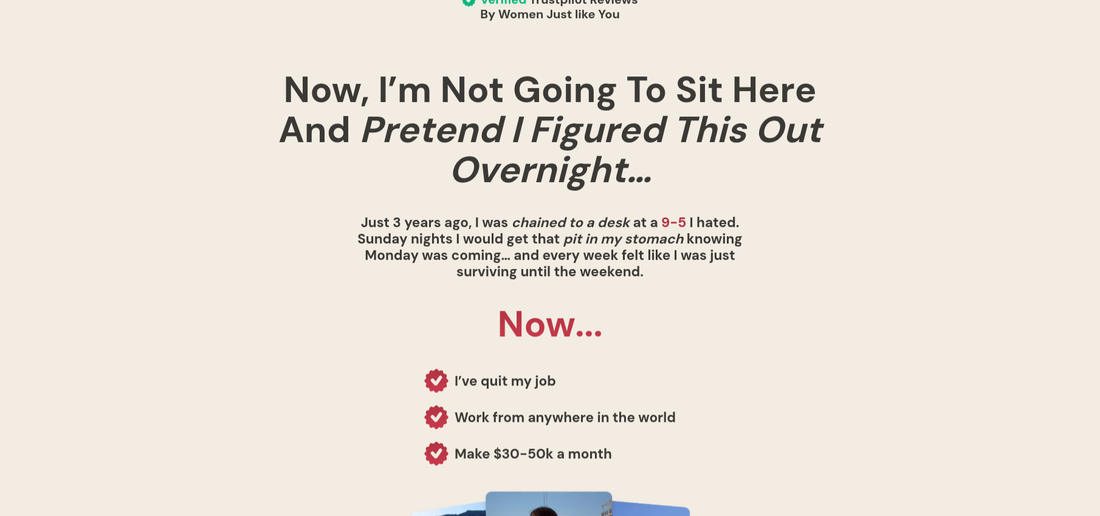 Her Last Call founder section claiming $30-50k a month income with achievement badges but no screenshots, no verification, no evidence