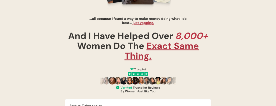 Her Last Call claiming 'I Have Helped Over 8,000+ Women' with Trustpilot badge but no verification mechanism or specific numbers