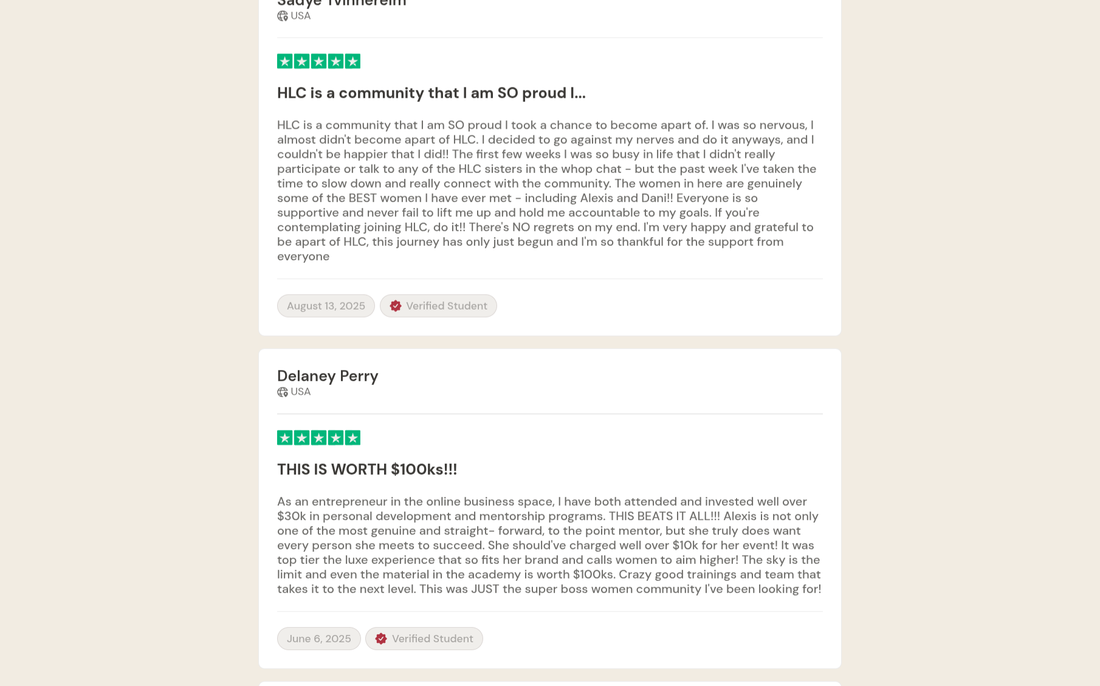 Her Last Call testimonials from Sadye and Delaney — both talk about community, support, and sisterhood. Neither mentions money or income.