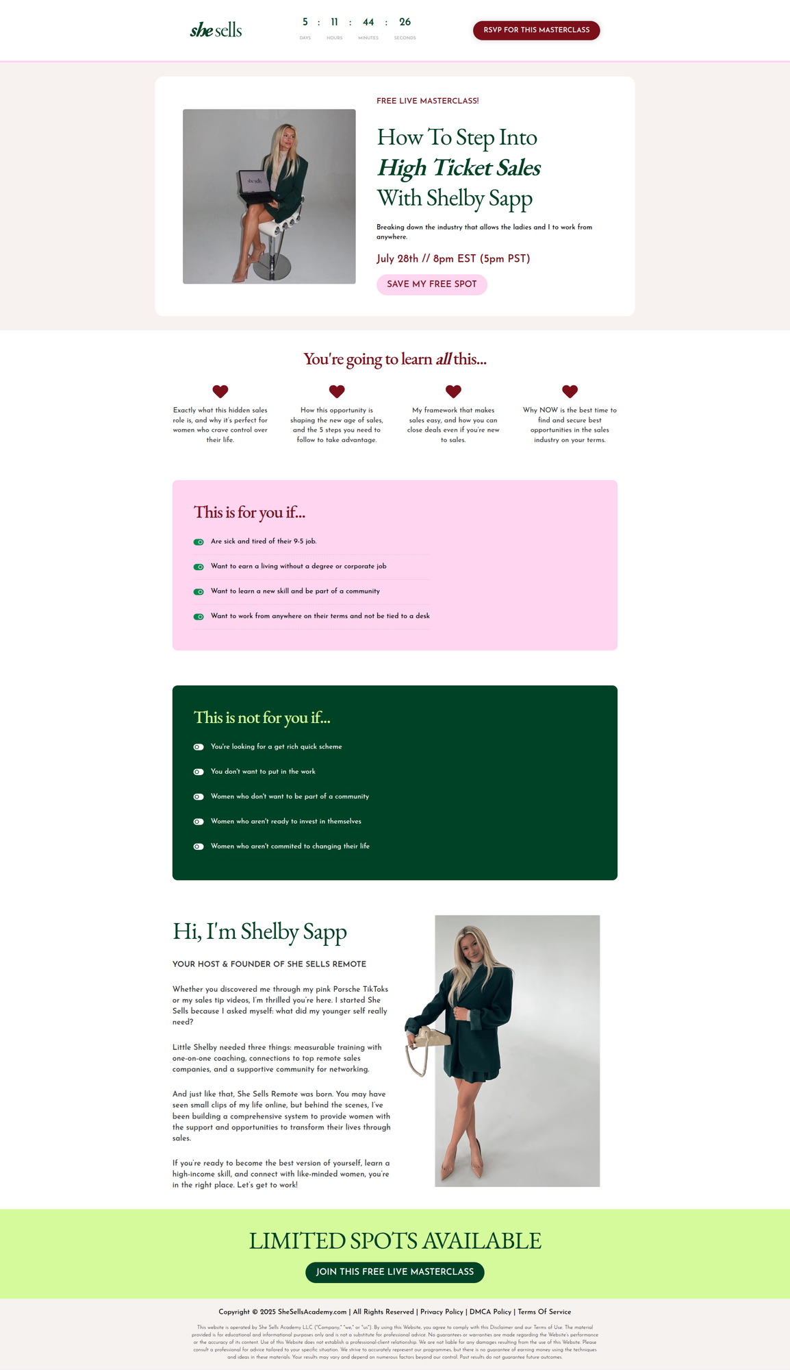 Shelby Sapp masterclass landing page — no testimonials, no student results, no follower count, no credentials mentioned