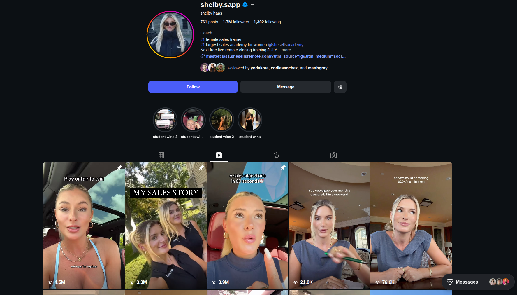 Shelby Sapp Instagram profile — 1.7M followers, verified badge, student wins highlights, reels with 3-4M views each