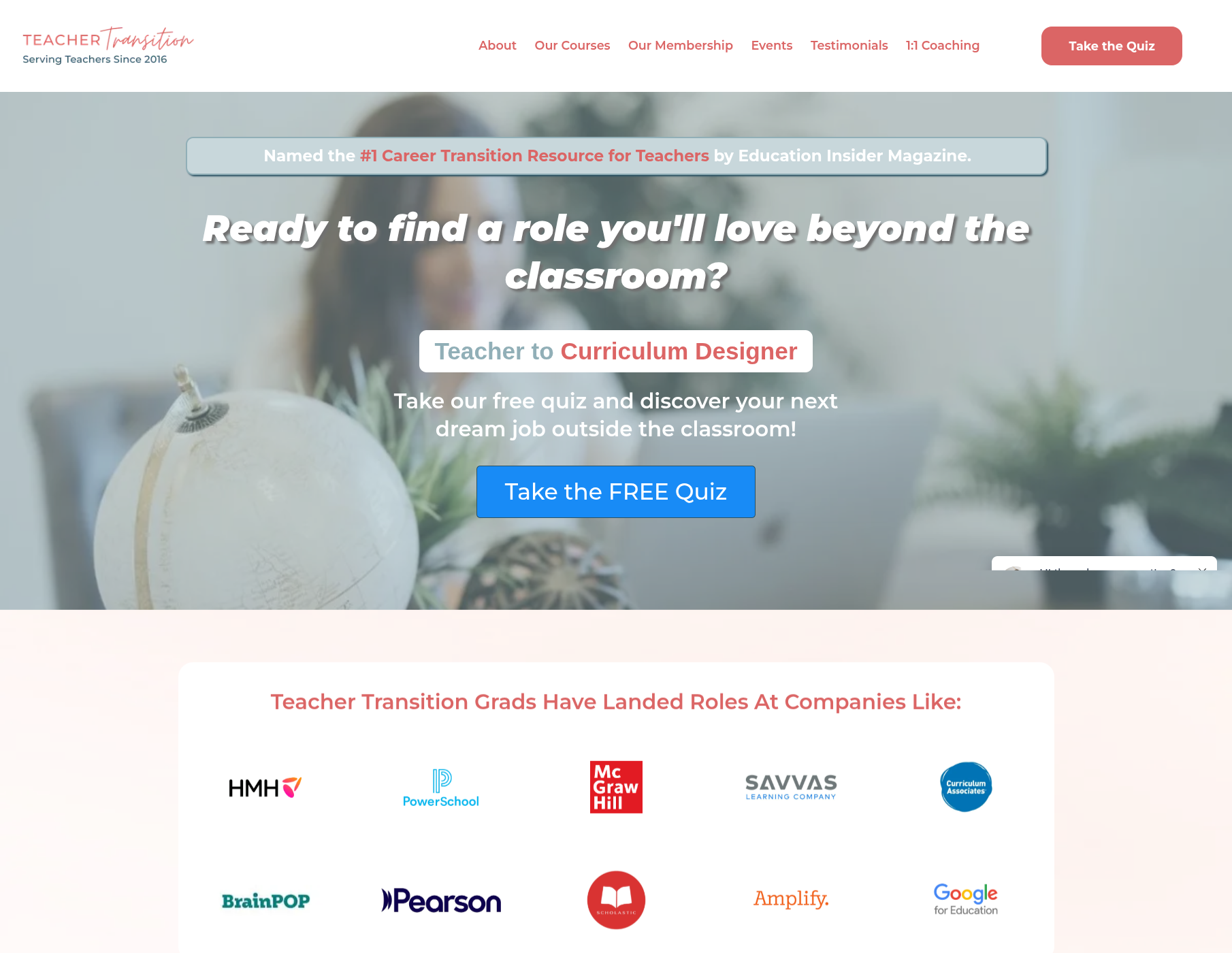 Teacher Transition homepage with seven navigation items, a vague hero headline, and multiple competing calls to action
