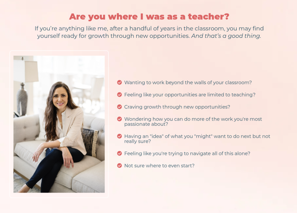 Teacher Transition's anonymous 'Are you where I was?' section — no founder name, no photo, no credentials, just a disembodied voice with a checklist