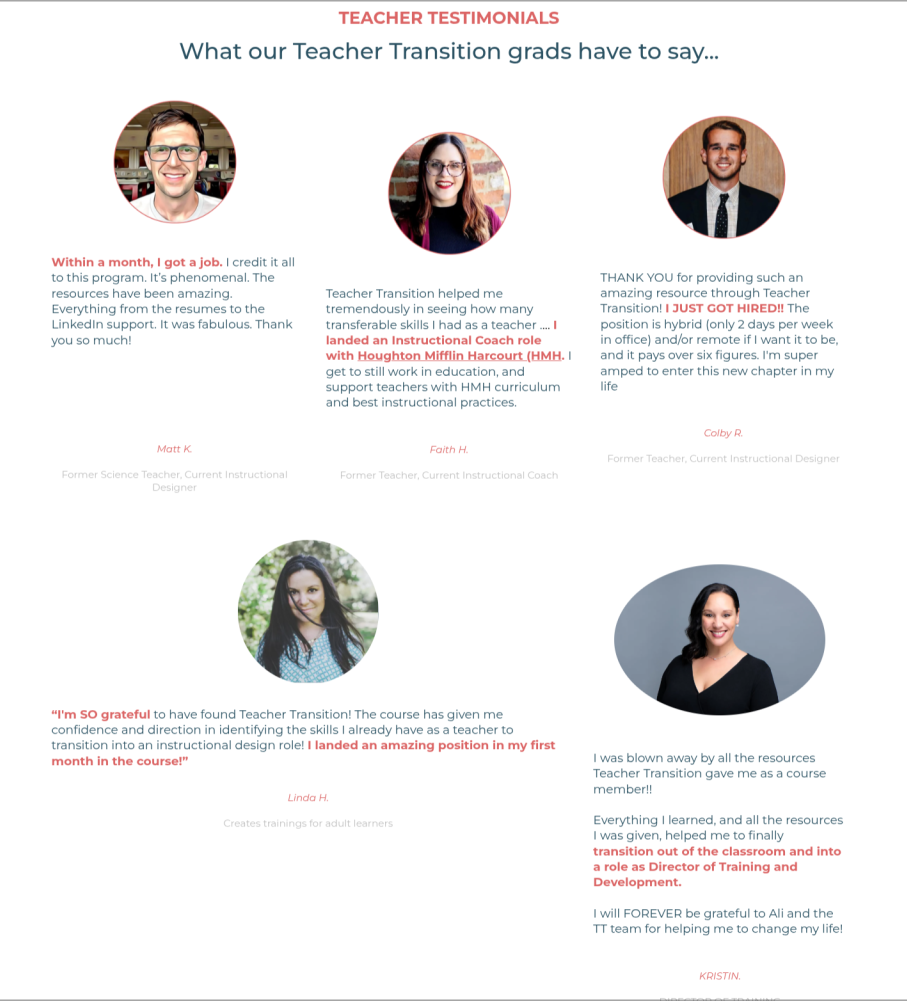 Teacher Transition testimonials section buried deep in the page — real names, real companies, real timelines that nobody from a Facebook ad will ever scroll far enough to see